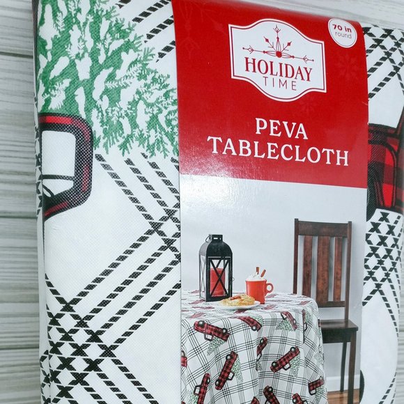 Holiday Time Peva Tablecloth 70" Round Farm Truck + Christmas Tree Print - Picture 2 of 6